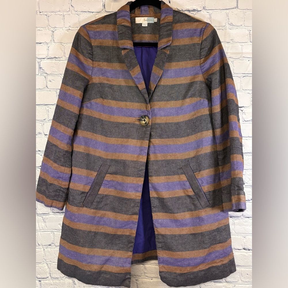 Boden Canonbury Gray Purple Linen Stripe Classic Swing Trench Coat Jacket 8